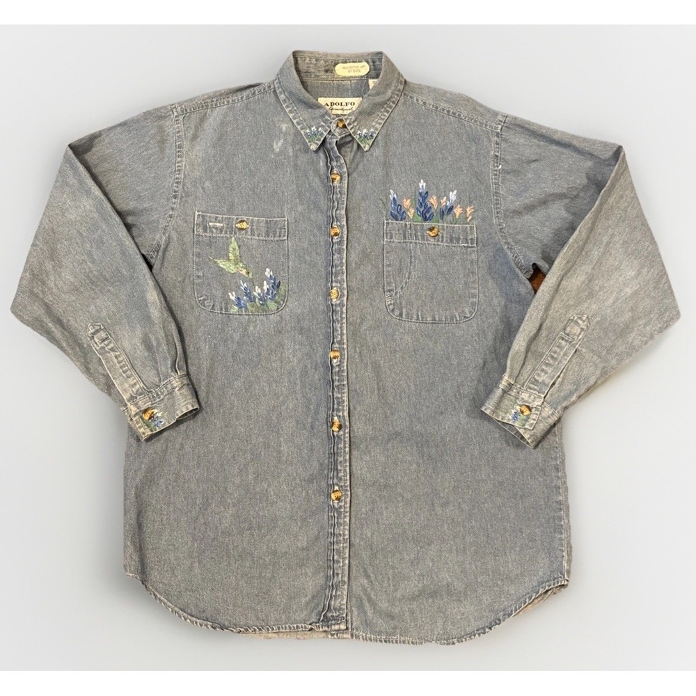 Vintage Adolfo‎ International Denim Shirt Womens M Hand Painted Art 90s